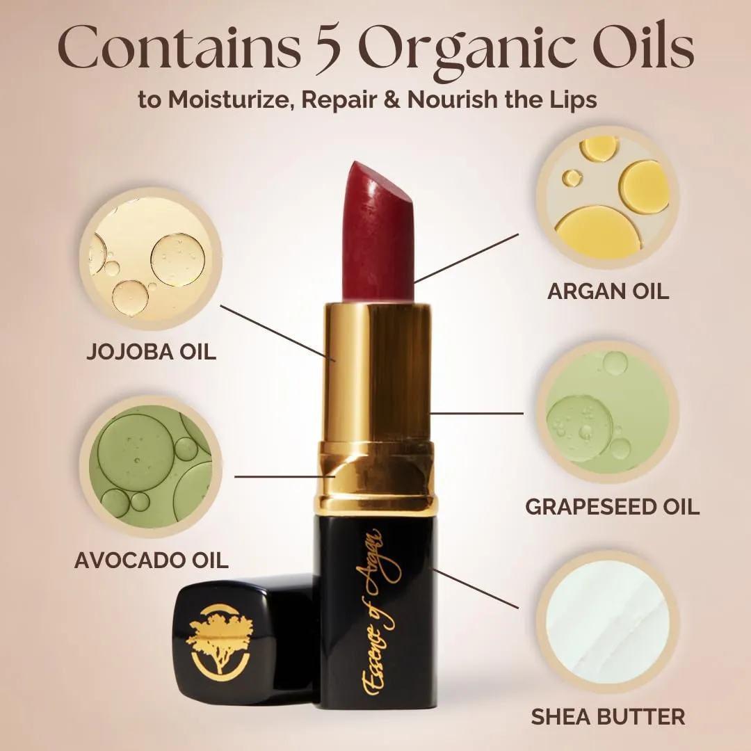 𝗘𝘀𝘀𝗲𝗻𝗰𝗲 𝗼𝗳 𝗔𝗿𝗴𝗮𝗻 Moisturizing Deep Red Lipstick, Tinted Lip Balm with Pure Organic Argan Oil, Shea Butter Lip care, Lip Moisturizer, Long Lasting Lipstick Cabernet