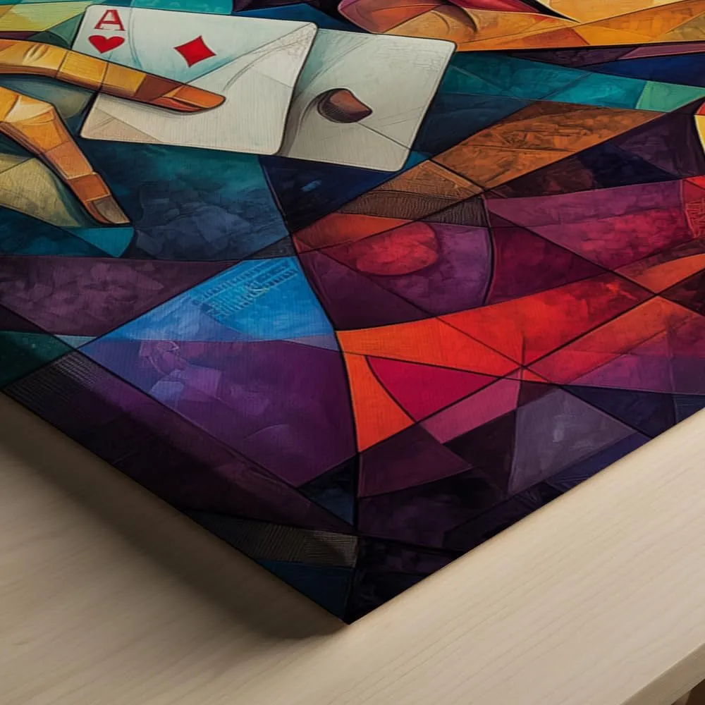 (11 x 14 x 1.25 IN) Gallery Wrapped Canvas Wall Art Print of Cubism Poster: Player shuffling a deck of cards at a rooftop poker event - 100% Cotton, Ready to Hang, High-Definition G - 925UNCAh563620WH