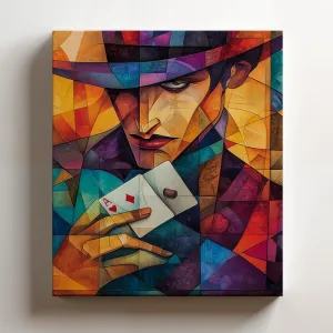 (11 x 14 x 1.25 IN) Gallery Wrapped Canvas Wall Art Print of Cubism Poster: Player shuffling a deck of cards at a rooftop poker event - 100% Cotton, Ready to Hang, High-Definition G - 925UNCAh563620WH