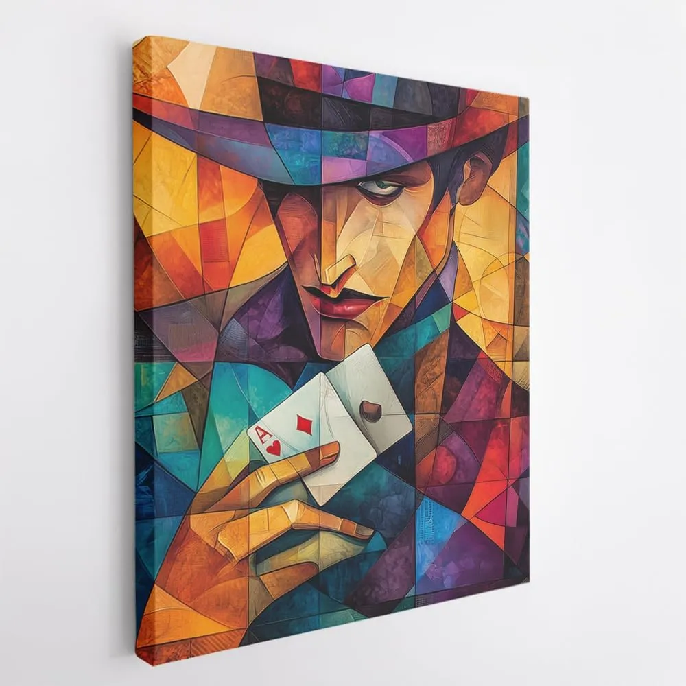 (11 x 14 x 1.25 IN) Gallery Wrapped Canvas Wall Art Print of Cubism Poster: Player shuffling a deck of cards at a rooftop poker event - 100% Cotton, Ready to Hang, High-Definition G - 925UNCAh563620WH