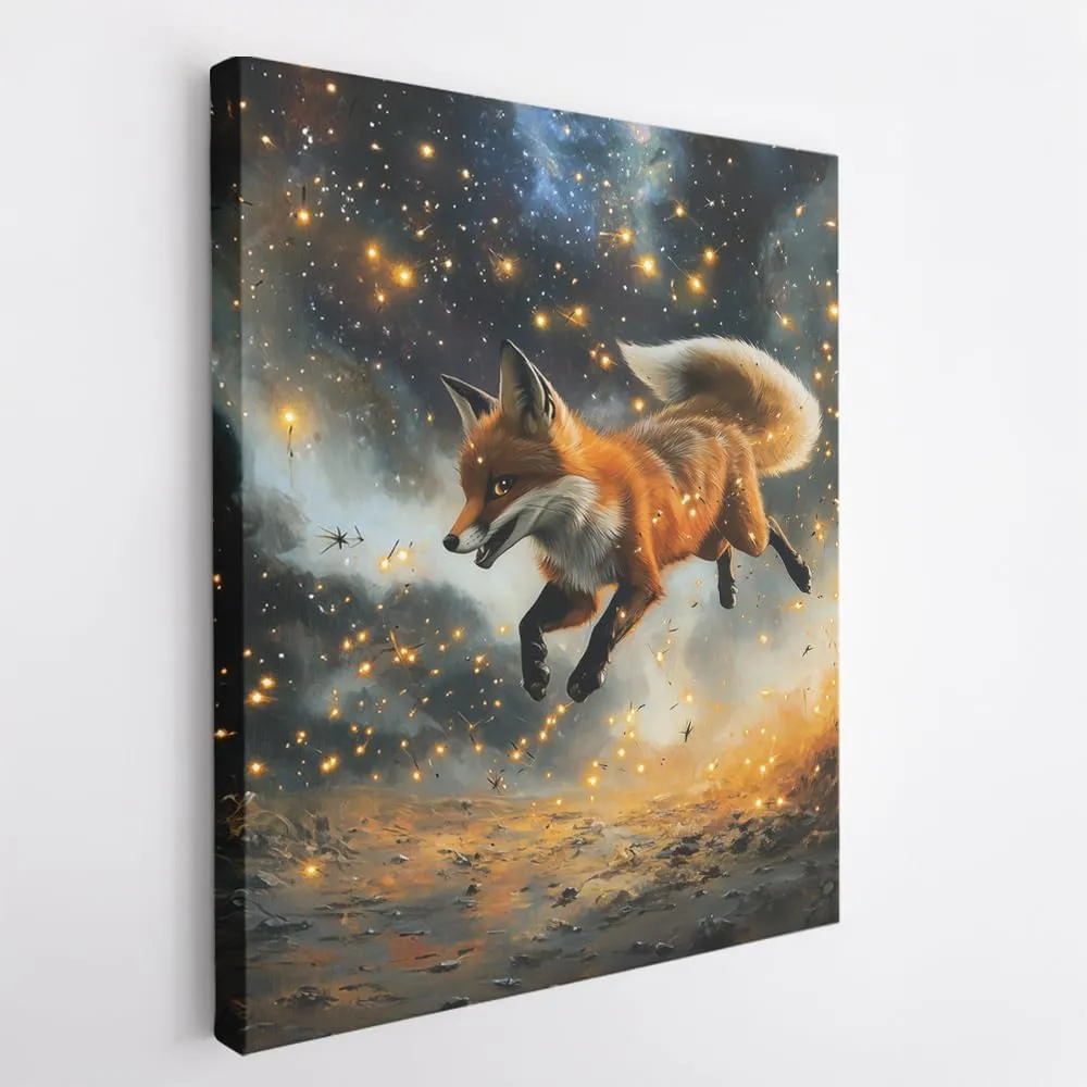 (11 x 14 x 1.25 IN) Gallery Wrapped Canvas Wall Art Print of Futurism Poster of a Fox Playfully Chasing Fireflies in Twilight in a Cosmic Nebula Landscape - Perfect Wall Art for Ani - 925UNCA0k43020WH