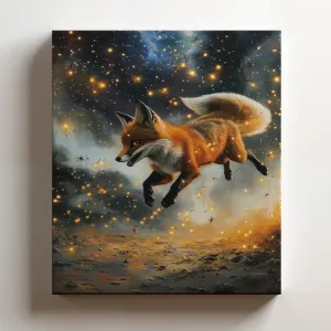 (11 x 14 x 1.25 IN) Gallery Wrapped Canvas Wall Art Print of Futurism Poster of a Fox Playfully Chasing Fireflies in Twilight in a Cosmic Nebula Landscape - Perfect Wall Art for Ani - 925UNCA0k43020WH