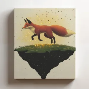 (11 x 14 x 1.25 IN) Gallery Wrapped Canvas Wall Art Print of Minimalism Poster of a Fox Playfully Chasing Fireflies in Twilight on a Fantasy Floating Island | Dreamy Art Decor for N - 925UNCA0k42420WH
