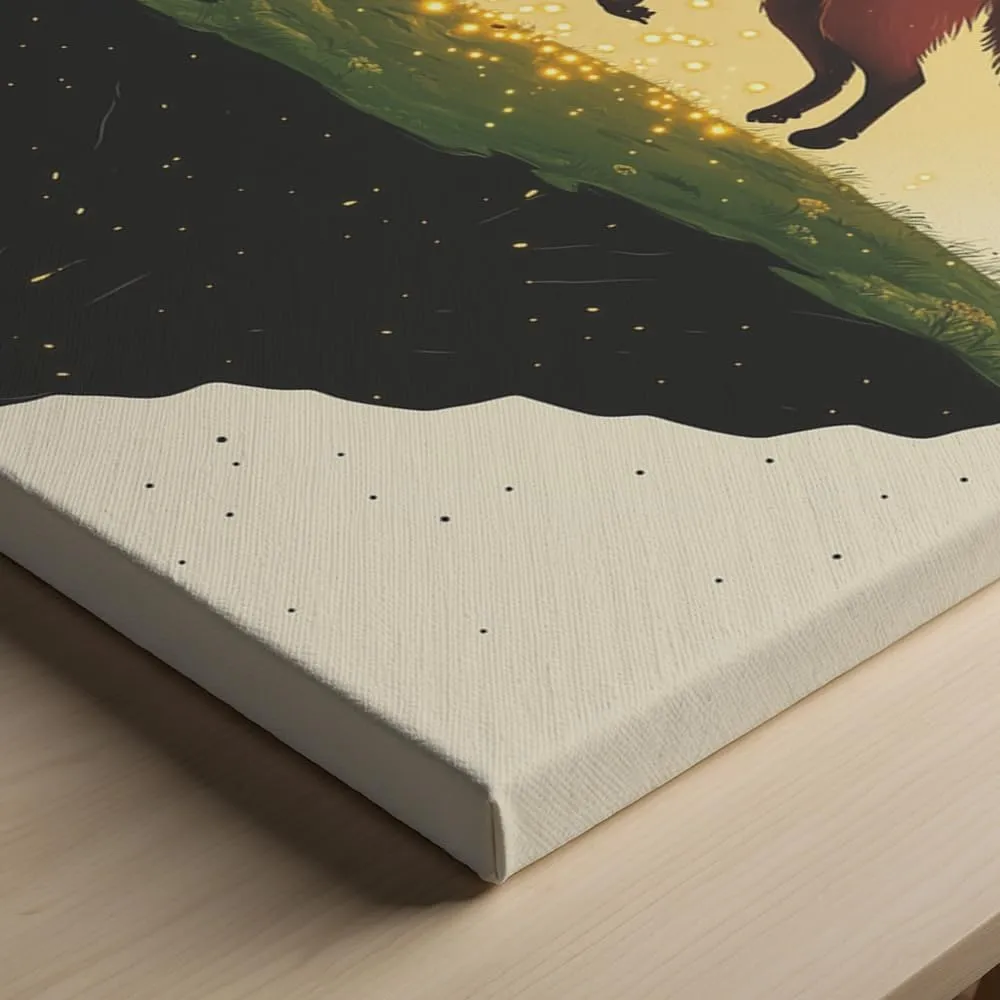 (11 x 14 x 1.25 IN) Gallery Wrapped Canvas Wall Art Print of Minimalism Poster of a Fox Playfully Chasing Fireflies in Twilight on a Fantasy Floating Island | Dreamy Art Decor for N - 925UNCA0k42420WH