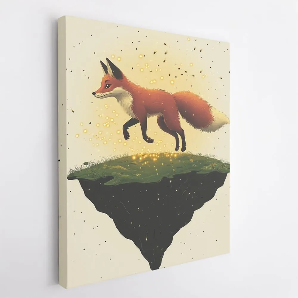 (11 x 14 x 1.25 IN) Gallery Wrapped Canvas Wall Art Print of Minimalism Poster of a Fox Playfully Chasing Fireflies in Twilight on a Fantasy Floating Island | Dreamy Art Decor for N - 925UNCA0k42420WH