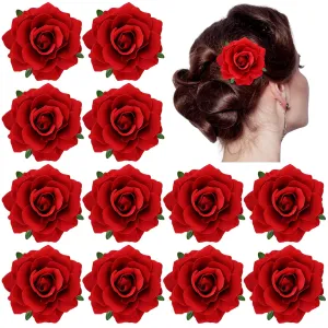 12 Pack Flamenco Dancer Mexican Red Rose Flower Brooches Pins Alligator Hair Clips Barrettes Prom Party Wedding Bridal Hair Accessories Headpieces for Women Girls