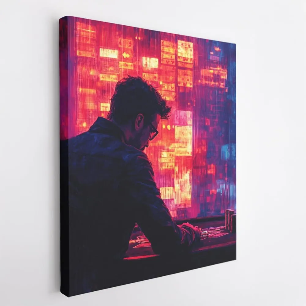 (12 x 16 x 1.25 IN) Gallery Wrapped Canvas Wall Art Print of Bauhaus Poster: Player shuffling a deck of cards at a neon-lit gaming room - 100% Cotton, Ready to Hang, High-Definition - 925UNCAh566821WH