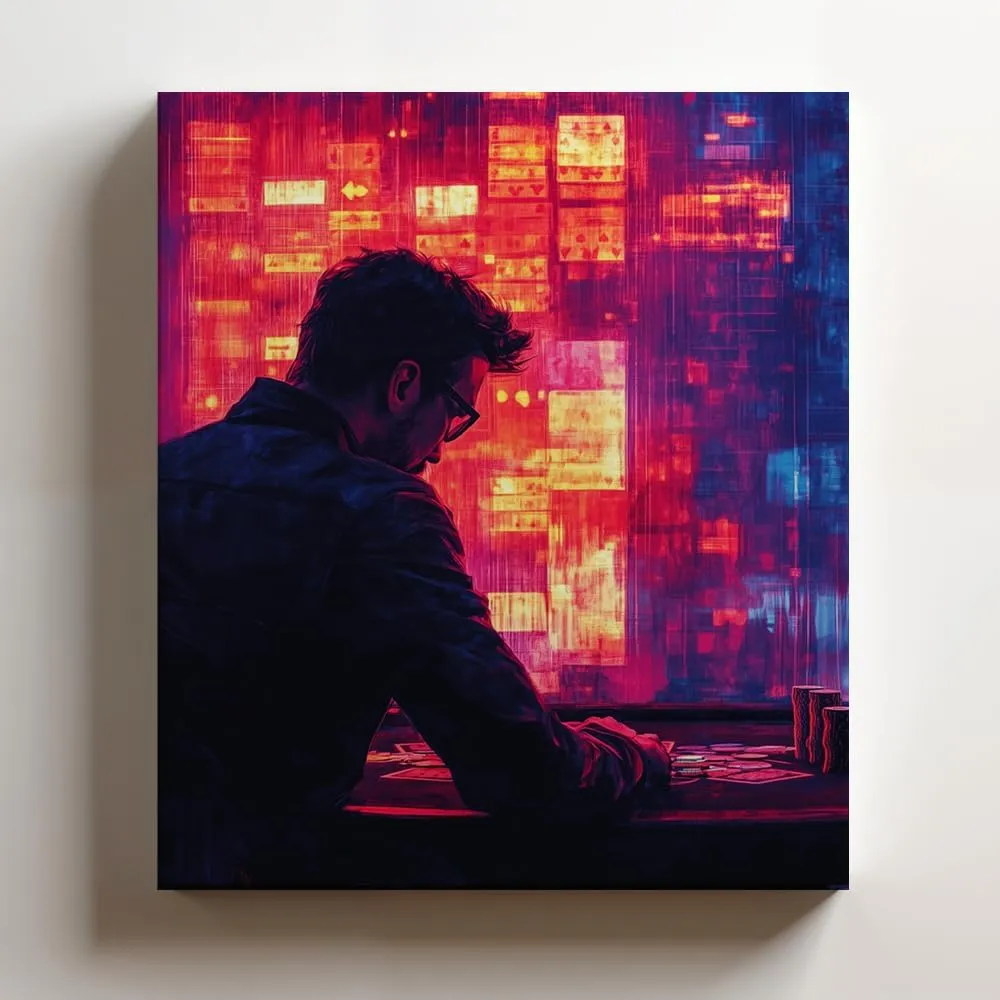 (12 x 16 x 1.25 IN) Gallery Wrapped Canvas Wall Art Print of Bauhaus Poster: Player shuffling a deck of cards at a neon-lit gaming room - 100% Cotton, Ready to Hang, High-Definition - 925UNCAh566821WH