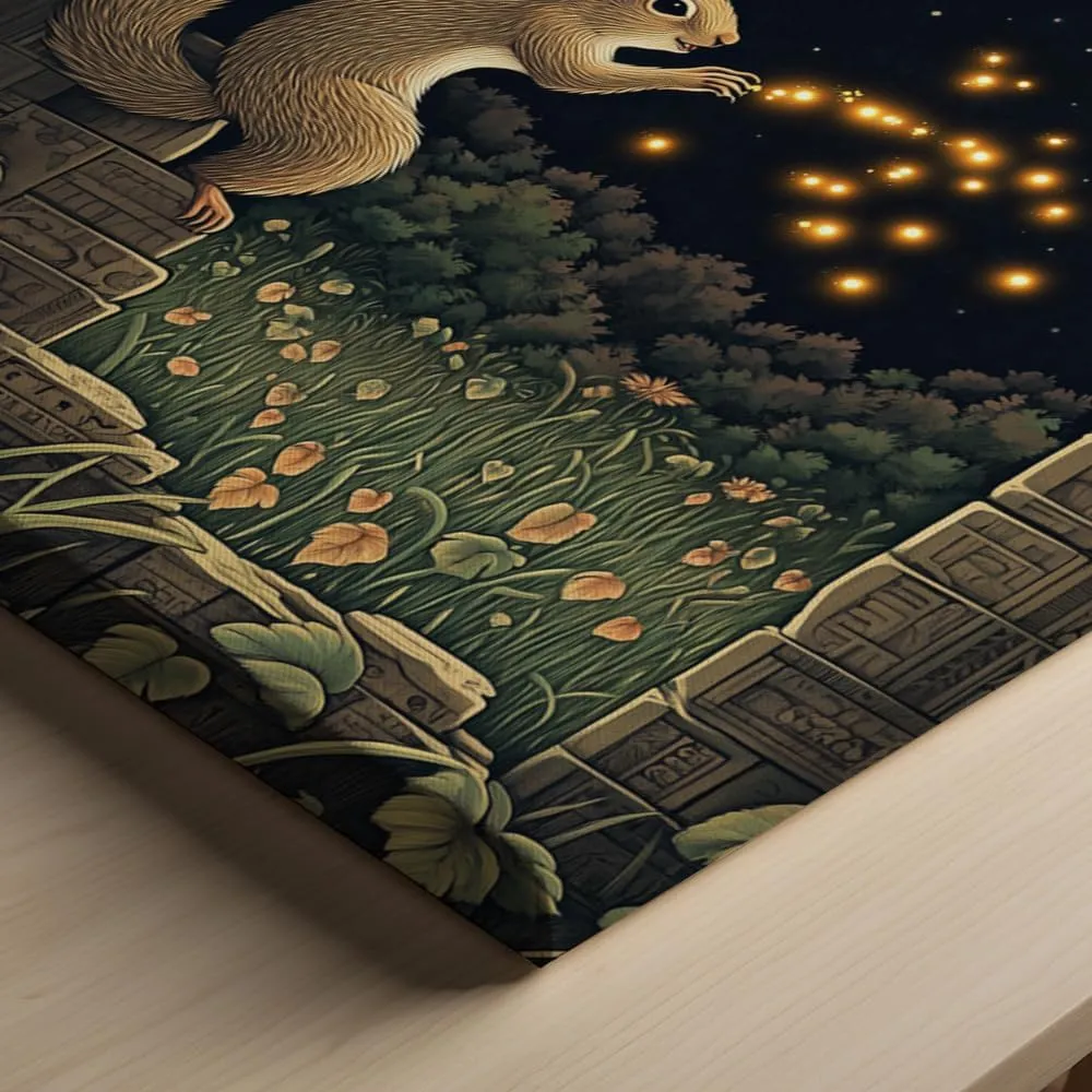(12 x 16 x 1.25 IN) Gallery Wrapped Canvas Wall Art Print of Cubism Poster: Enchanting Squirrel Chasing Fireflies Under Moonlit Skies in a Mystical Ancient Jungle Ruin, Perfect Wall - 925UNCA0k75321WH
