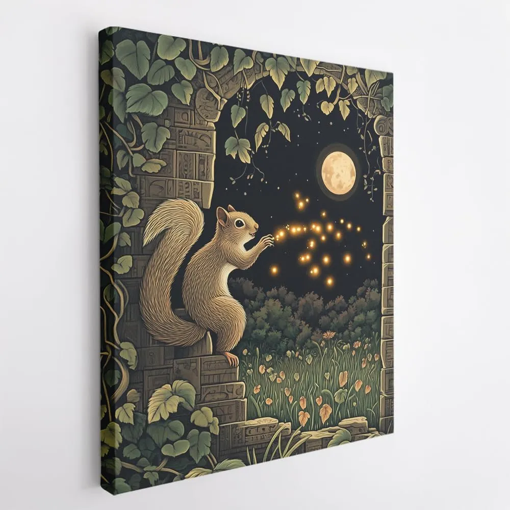 (12 x 16 x 1.25 IN) Gallery Wrapped Canvas Wall Art Print of Cubism Poster: Enchanting Squirrel Chasing Fireflies Under Moonlit Skies in a Mystical Ancient Jungle Ruin, Perfect Wall - 925UNCA0k75321WH
