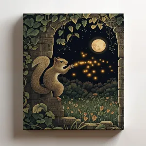 (12 x 16 x 1.25 IN) Gallery Wrapped Canvas Wall Art Print of Cubism Poster: Enchanting Squirrel Chasing Fireflies Under Moonlit Skies in a Mystical Ancient Jungle Ruin, Perfect Wall - 925UNCA0k75321WH