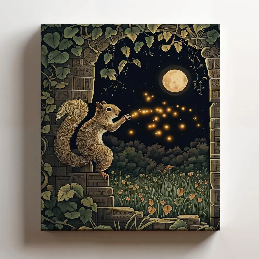 (12 x 16 x 1.25 IN) Gallery Wrapped Canvas Wall Art Print of Cubism Poster: Enchanting Squirrel Chasing Fireflies Under Moonlit Skies in a Mystical Ancient Jungle Ruin, Perfect Wall - 925UNCA0k75321WH