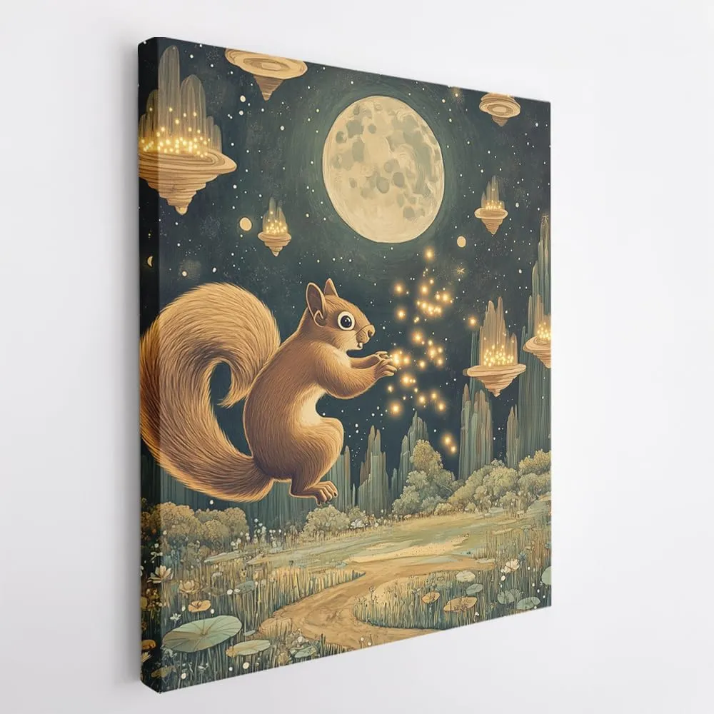 (12 x 16 x 1.25 IN) Gallery Wrapped Canvas Wall Art Print of Dada Poster: Enchanting Squirrel Chasing Fireflies in a Moonlit Meadow, Celestial Landscape with Floating Islands - Perf - 925UNCA0k83121WH