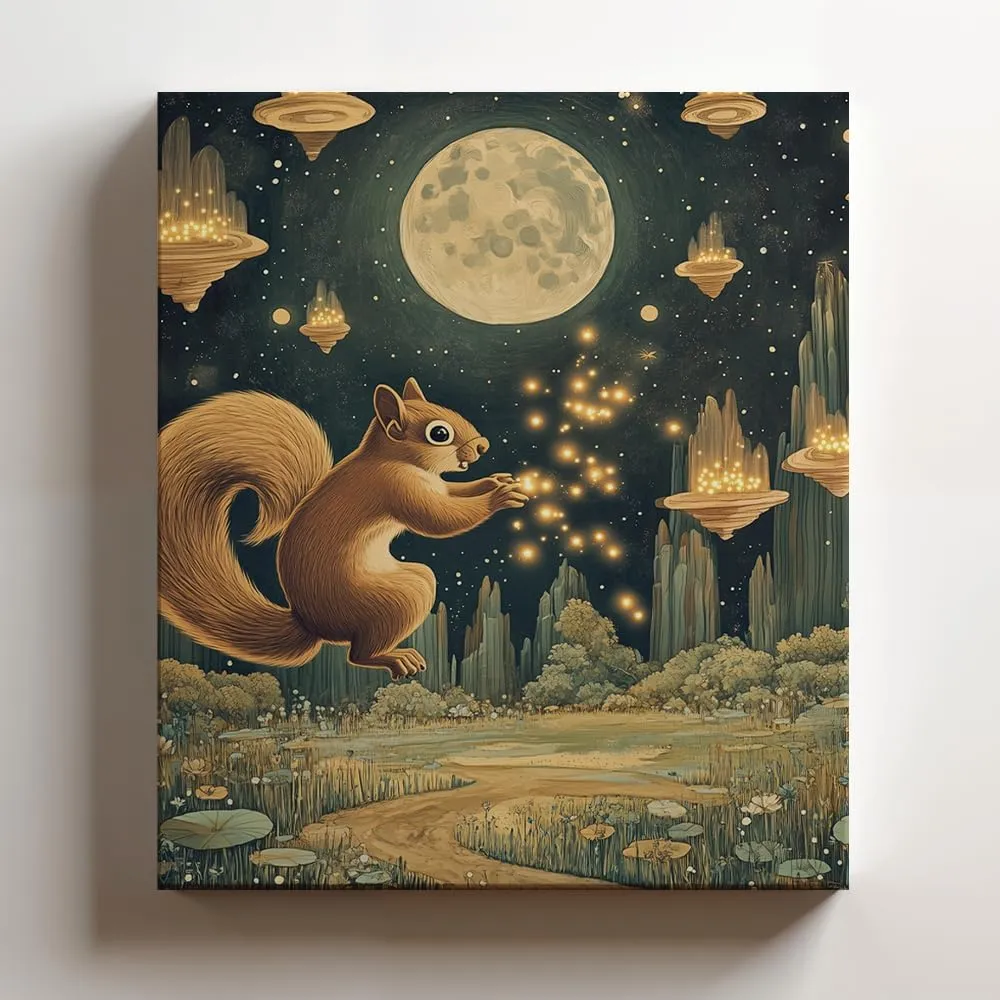 (12 x 16 x 1.25 IN) Gallery Wrapped Canvas Wall Art Print of Dada Poster: Enchanting Squirrel Chasing Fireflies in a Moonlit Meadow, Celestial Landscape with Floating Islands - Perf - 925UNCA0k83121WH
