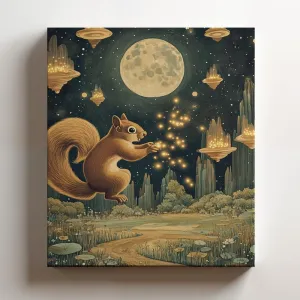(12 x 16 x 1.25 IN) Gallery Wrapped Canvas Wall Art Print of Dada Poster: Enchanting Squirrel Chasing Fireflies in a Moonlit Meadow, Celestial Landscape with Floating Islands - Perf - 925UNCA0k83121WH