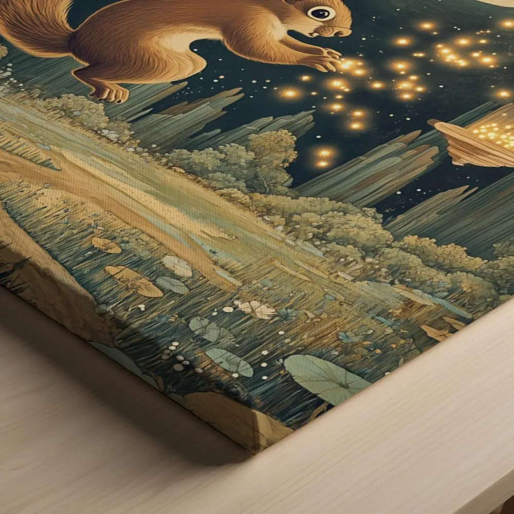 (12 x 16 x 1.25 IN) Gallery Wrapped Canvas Wall Art Print of Dada Poster: Enchanting Squirrel Chasing Fireflies in a Moonlit Meadow, Celestial Landscape with Floating Islands - Perf - 925UNCA0k83121WH