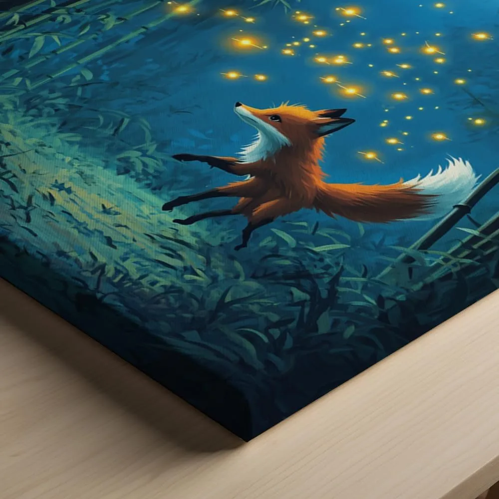 (12 x 16 x 1.25 IN) Gallery Wrapped Canvas Wall Art Print of Surrealism Poster: Fox Chasing Fireflies in a Moonlit Bamboo Forest Twilight Art for Home, Bedroom, or Living Room Wall - 925UNCA0k44521WH