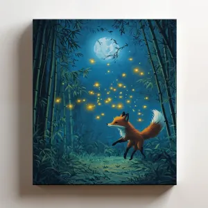 (12 x 16 x 1.25 IN) Gallery Wrapped Canvas Wall Art Print of Surrealism Poster: Fox Chasing Fireflies in a Moonlit Bamboo Forest Twilight Art for Home, Bedroom, or Living Room Wall - 925UNCA0k44521WH