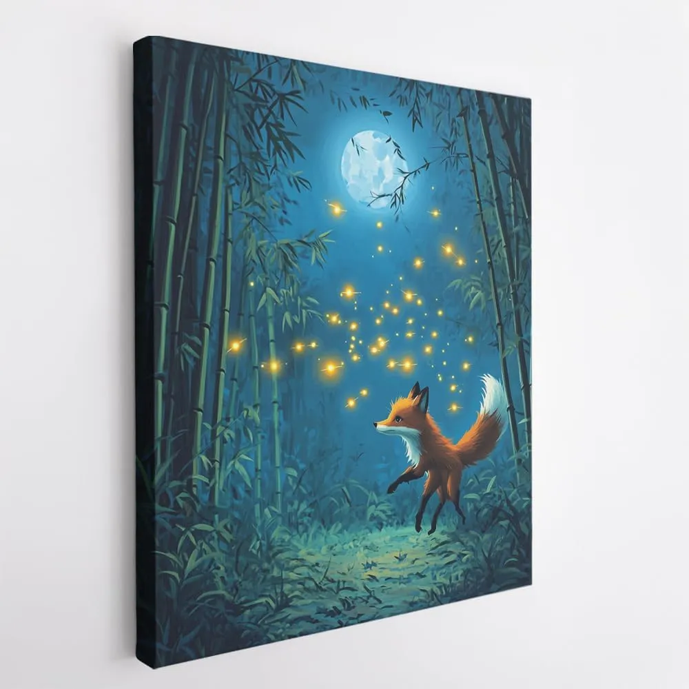 (12 x 16 x 1.25 IN) Gallery Wrapped Canvas Wall Art Print of Surrealism Poster: Fox Chasing Fireflies in a Moonlit Bamboo Forest Twilight Art for Home, Bedroom, or Living Room Wall - 925UNCA0k44521WH
