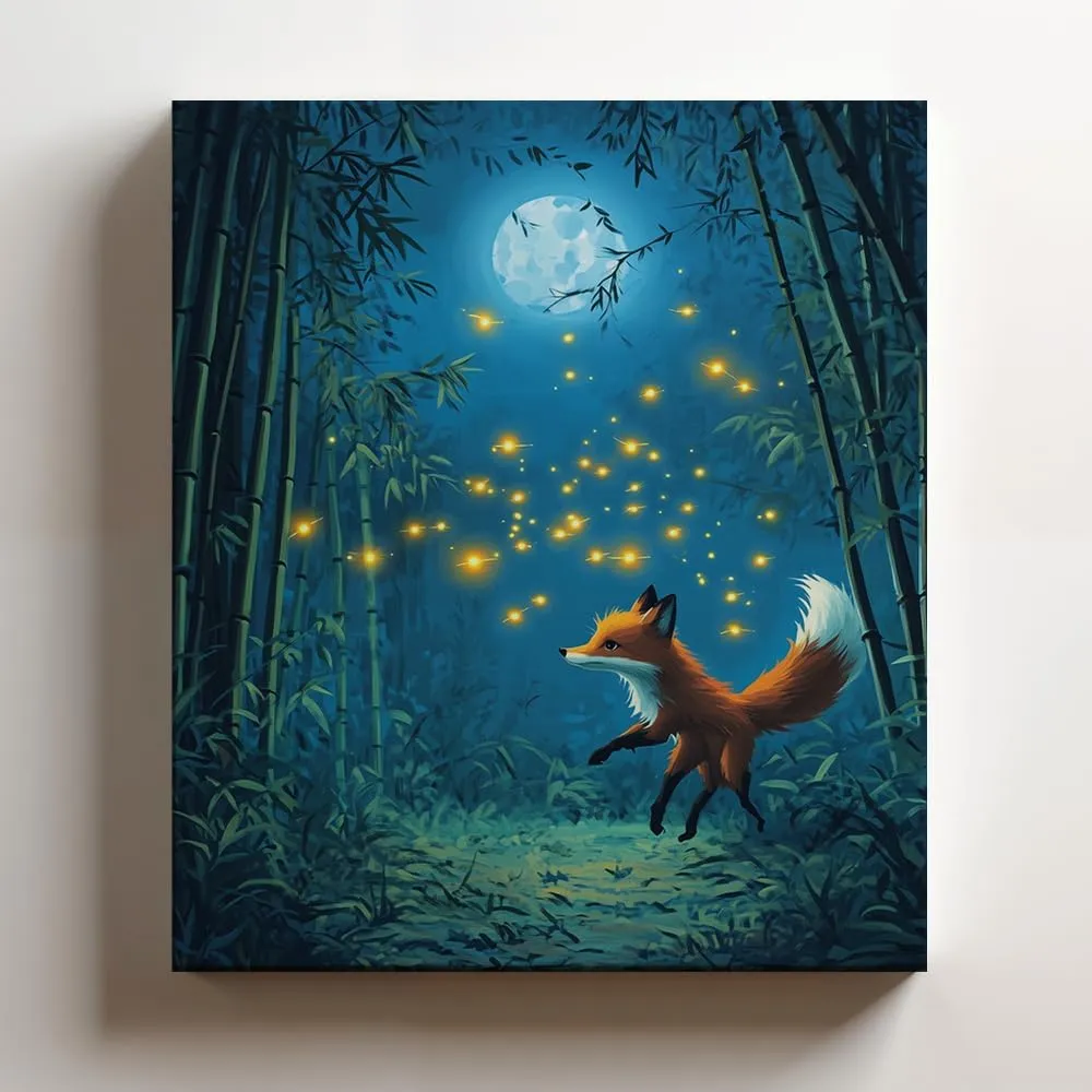 (12 x 16 x 1.25 IN) Gallery Wrapped Canvas Wall Art Print of Surrealism Poster: Fox Chasing Fireflies in a Moonlit Bamboo Forest Twilight Art for Home, Bedroom, or Living Room Wall - 925UNCA0k44521WH