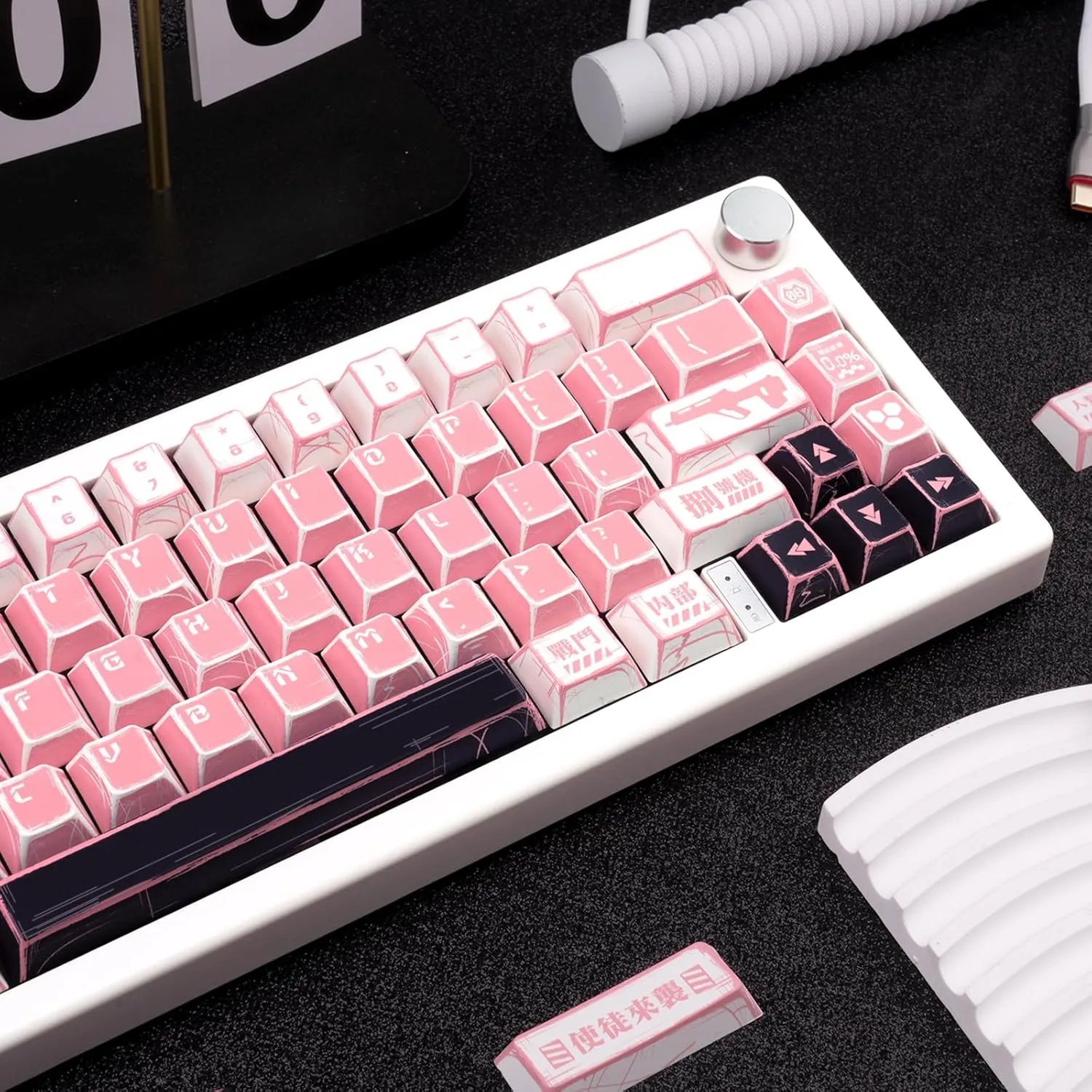 137-Key Manga Anime Keycaps Set, Pink White PBT Keycaps Cherry Profile, Dye-Sub Custom Hand-Drawn Design, Compatible with ANSI Layout Mechanical Keyboards