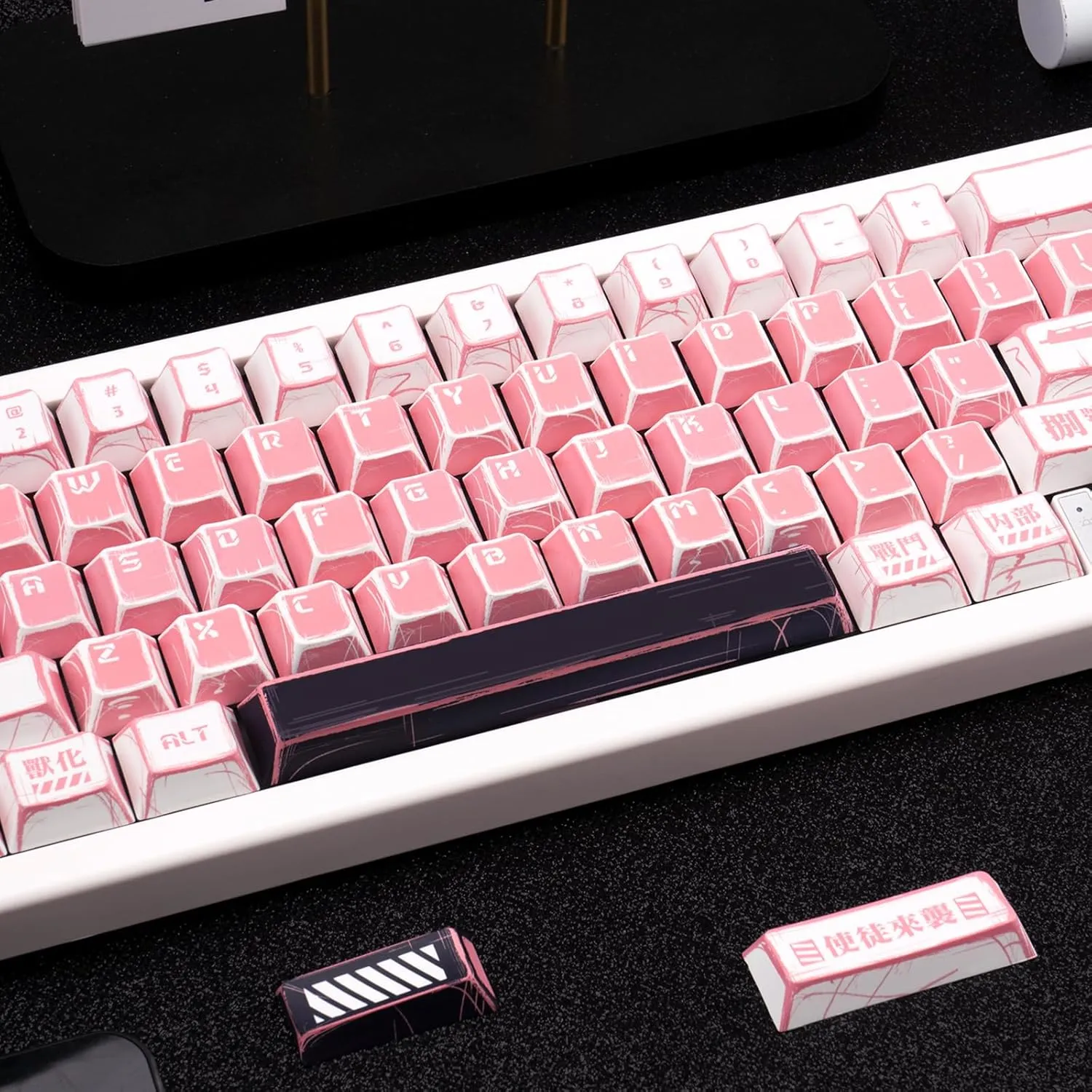 137-Key Manga Anime Keycaps Set, Pink White PBT Keycaps Cherry Profile, Dye-Sub Custom Hand-Drawn Design, Compatible with ANSI Layout Mechanical Keyboards