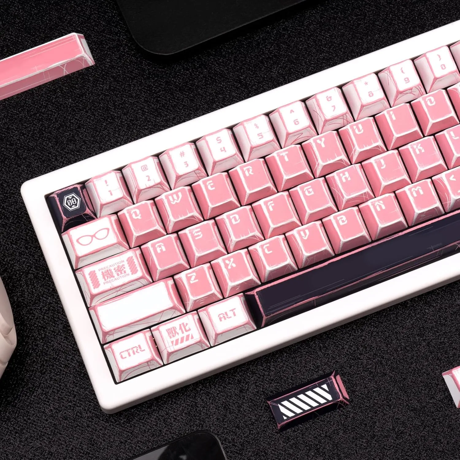 137-Key Manga Anime Keycaps Set, Pink White PBT Keycaps Cherry Profile, Dye-Sub Custom Hand-Drawn Design, Compatible with ANSI Layout Mechanical Keyboards