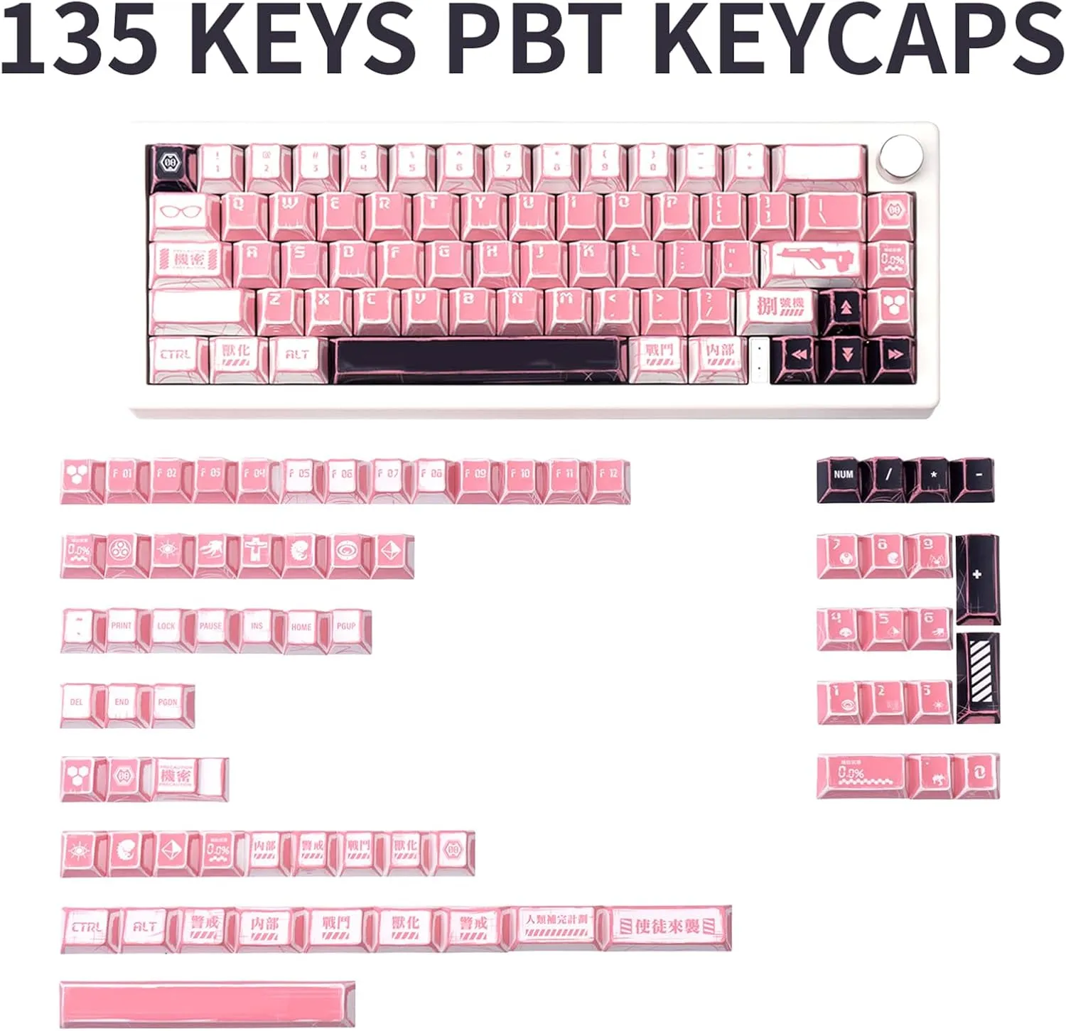 137-Key Manga Anime Keycaps Set, Pink White PBT Keycaps Cherry Profile, Dye-Sub Custom Hand-Drawn Design, Compatible with ANSI Layout Mechanical Keyboards
