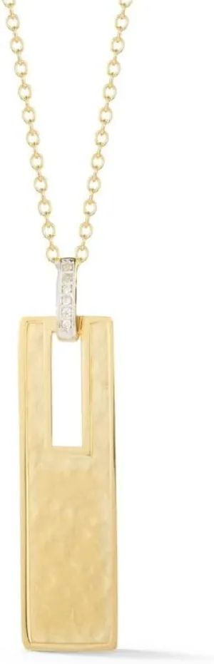 14K Yellow Gold 0.04 ct. Pave Diamond Rectangle Pendant Necklace, 16" Rolo Chain with Matte-Hammer Finish
