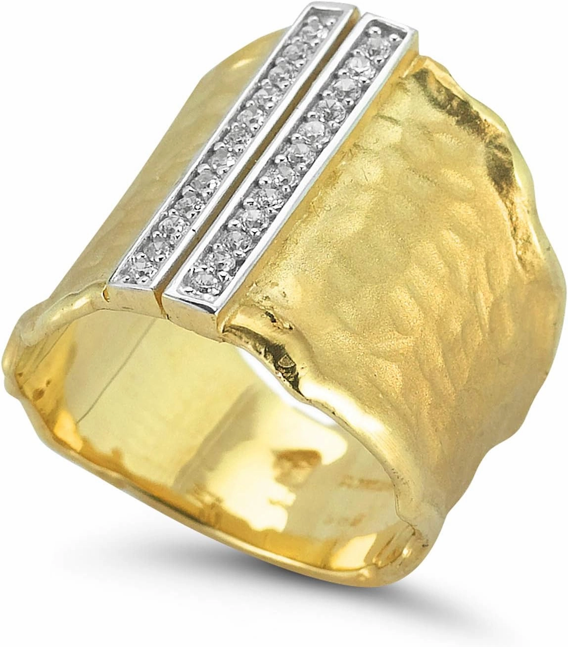 14K Yellow Gold 0.24ct TDW Diamond Hammered Finish Cigar Ring