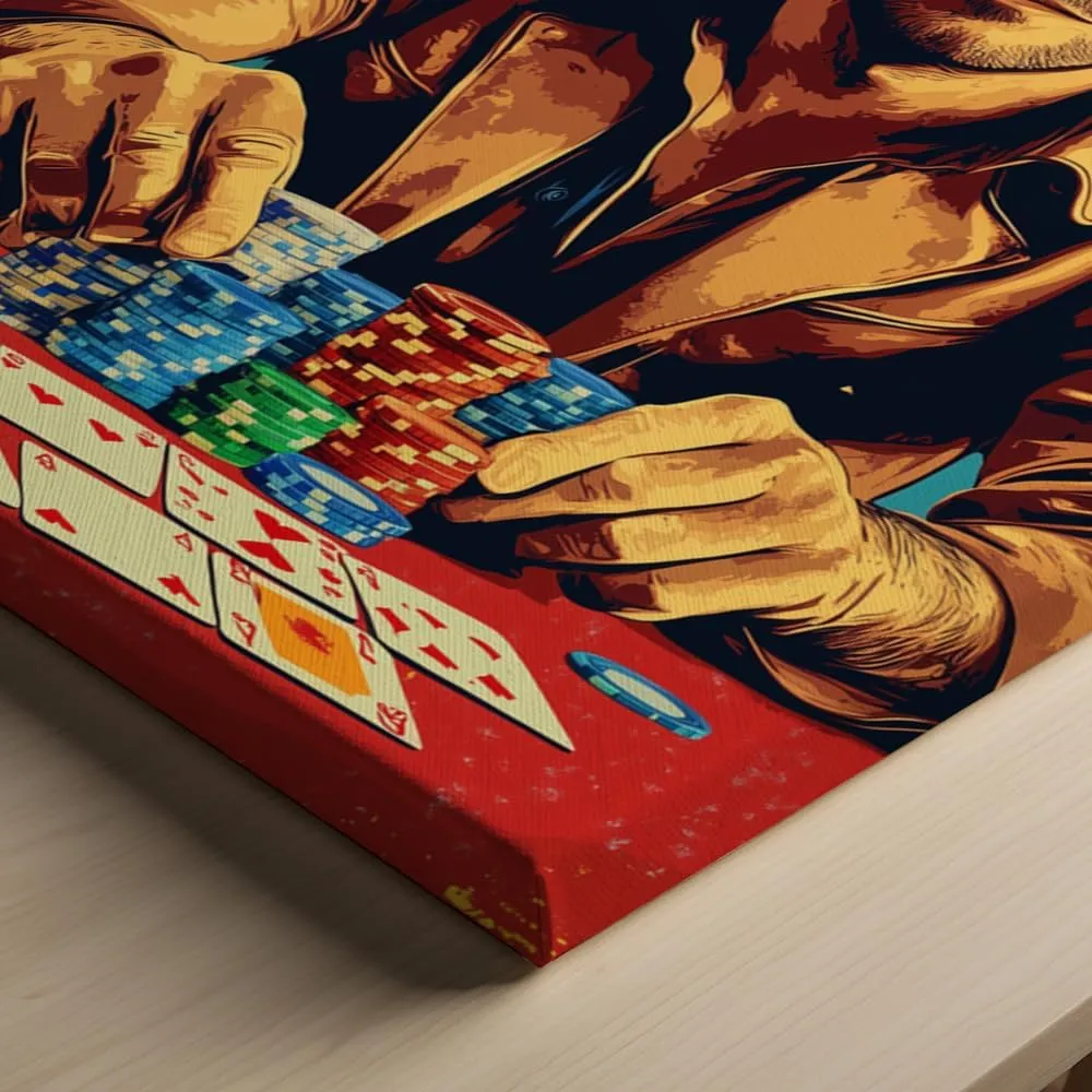 (16 x 20 x 1.25 IN) Gallery Wrapped Canvas Wall Art Print of Pop Art Poster: Player shuffling a deck of cards at a rooftop poker event - 100% Cotton, Ready to Hang, High-Definition - 925UNCAh564308WH