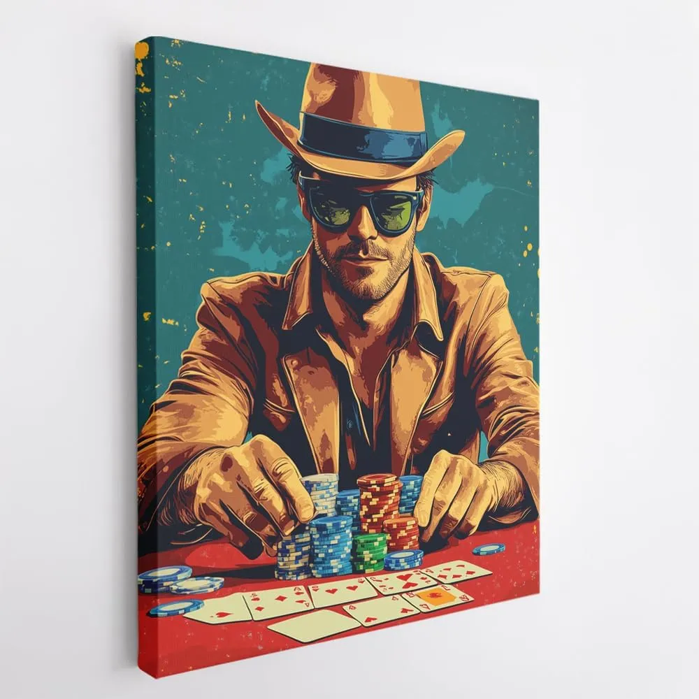 (16 x 20 x 1.25 IN) Gallery Wrapped Canvas Wall Art Print of Pop Art Poster: Player shuffling a deck of cards at a rooftop poker event - 100% Cotton, Ready to Hang, High-Definition - 925UNCAh564308WH