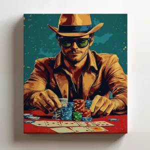 (16 x 20 x 1.25 IN) Gallery Wrapped Canvas Wall Art Print of Pop Art Poster: Player shuffling a deck of cards at a rooftop poker event - 100% Cotton, Ready to Hang, High-Definition - 925UNCAh564308WH