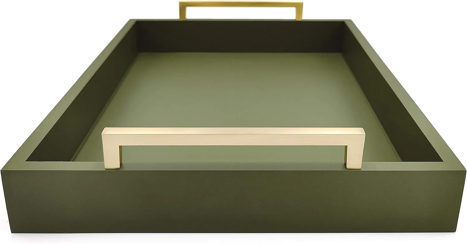 16x12 Decorative Coffee Table Tray - Ottoman Tray - Breakfast, Drinks, Liquor Serving Platter - from Farmhouse to Modern - Matte Finish - Champagne Gold Handles - Loden Green