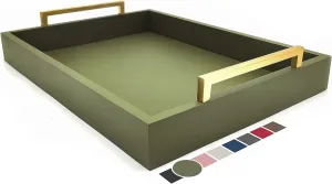 16x12 Decorative Coffee Table Tray - Ottoman Tray - Breakfast, Drinks, Liquor Serving Platter - from Farmhouse to Modern - Matte Finish - Champagne Gold Handles - Loden Green