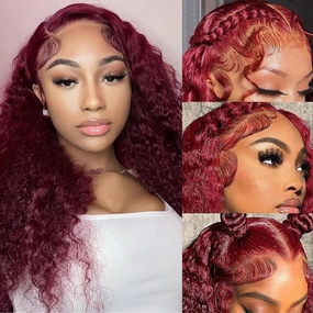 18 Inch Burgundy Deep Wave Lace Front Wigs Human Hair 13x6 HD Frontal Human Hair Red Curly Lace Front Pre Plucked Burgundy Deep Curly Wigs For Black Women 200 Density