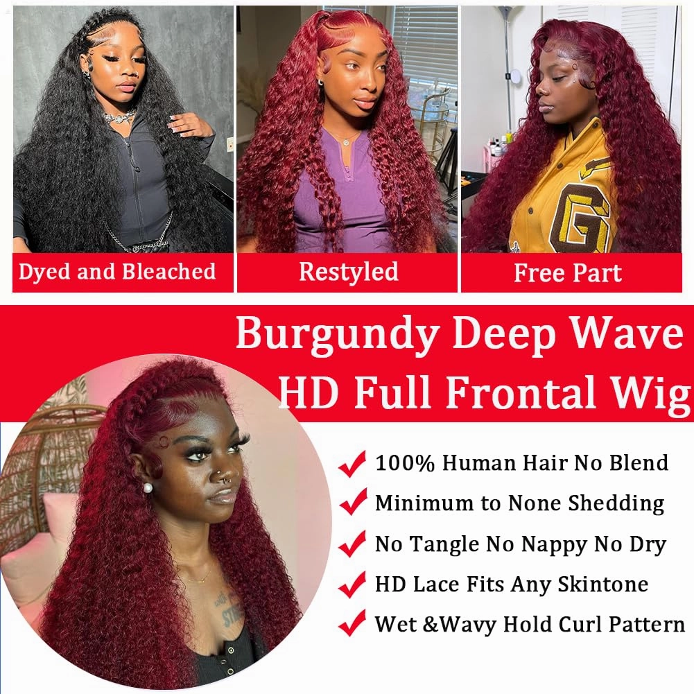 18 Inch Burgundy Deep Wave Lace Front Wigs Human Hair 13x6 HD Frontal Human Hair Red Curly Lace Front Pre Plucked Burgundy Deep Curly Wigs For Black Women 200 Density