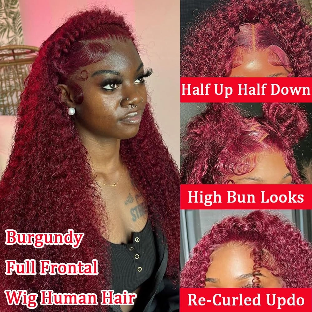 18 Inch Burgundy Deep Wave Lace Front Wigs Human Hair 13x6 HD Frontal Human Hair Red Curly Lace Front Pre Plucked Burgundy Deep Curly Wigs For Black Women 200 Density