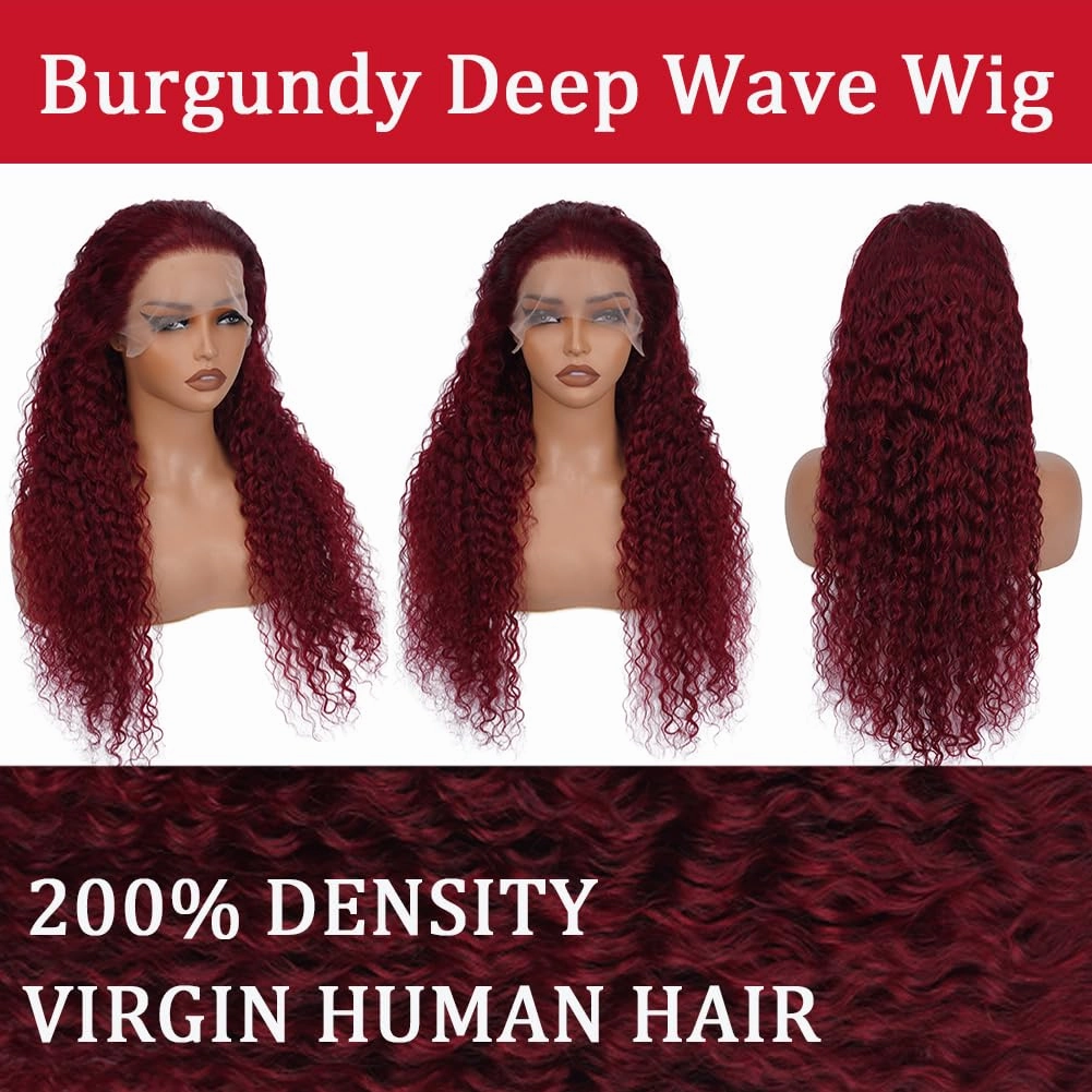 18 Inch Burgundy Deep Wave Lace Front Wigs Human Hair 13x6 HD Frontal Human Hair Red Curly Lace Front Pre Plucked Burgundy Deep Curly Wigs For Black Women 200 Density