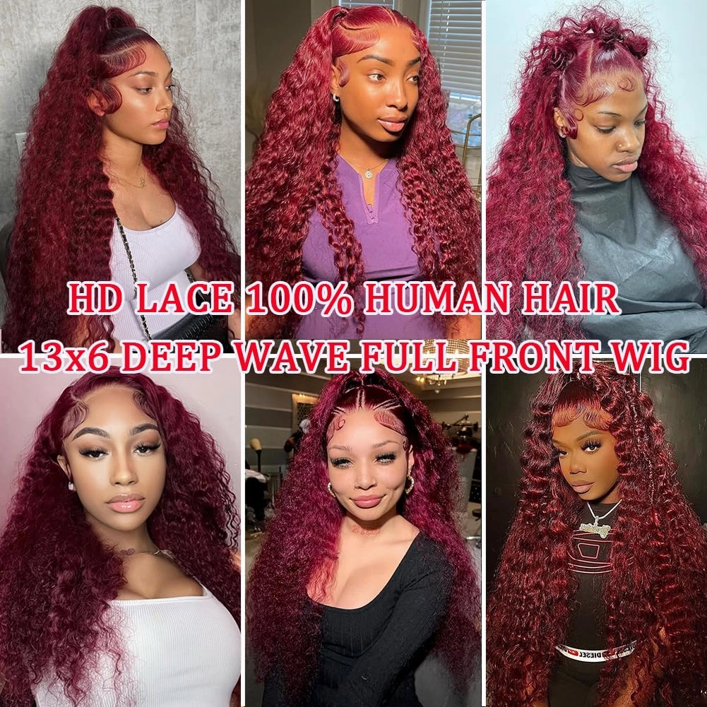 18 Inch Burgundy Deep Wave Lace Front Wigs Human Hair 13x6 HD Frontal Human Hair Red Curly Lace Front Pre Plucked Burgundy Deep Curly Wigs For Black Women 200 Density
