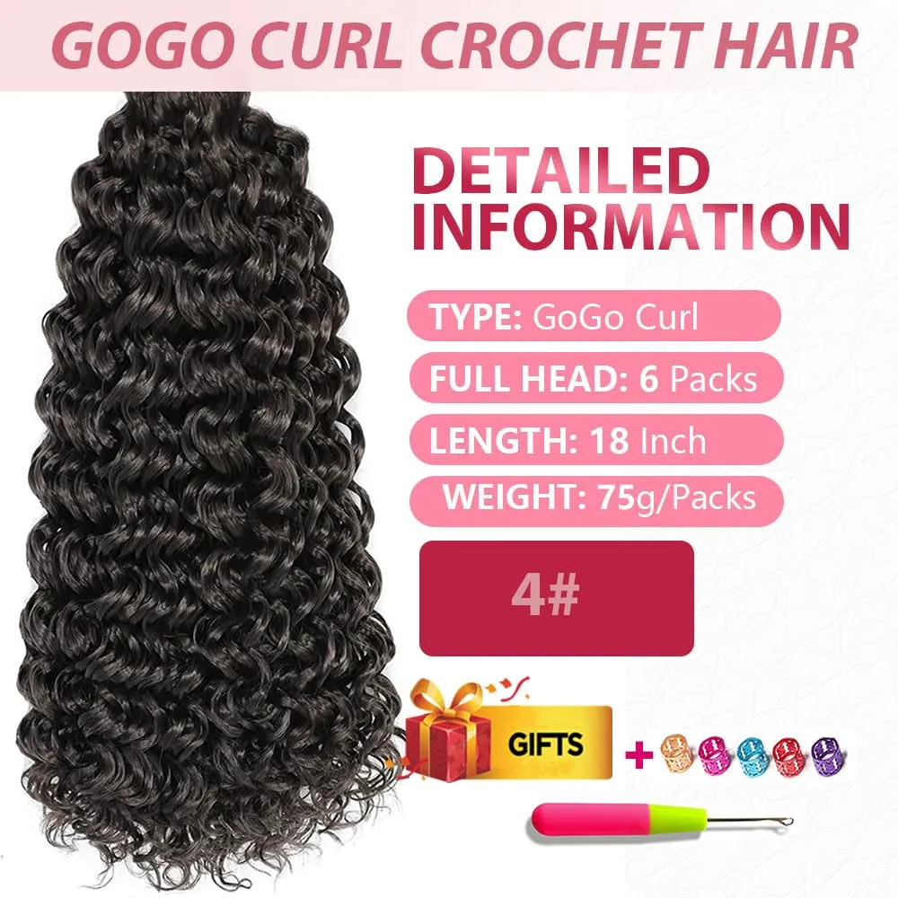 18Inch GoGo Curl Crochet Hair 6Packs Curly Crochet Hair Water Wave Crotchet Braiding Hair (18 Inch (Pack of 6), 4)