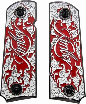 1911 Grips Full-Size (Government/Commander) for Kimber, Colt, Rock Island, Springfield,1911 Clones â€“ Black and Red Floral Design with Engraved Script, Ambi Cut, Screws Included, Metal Grips