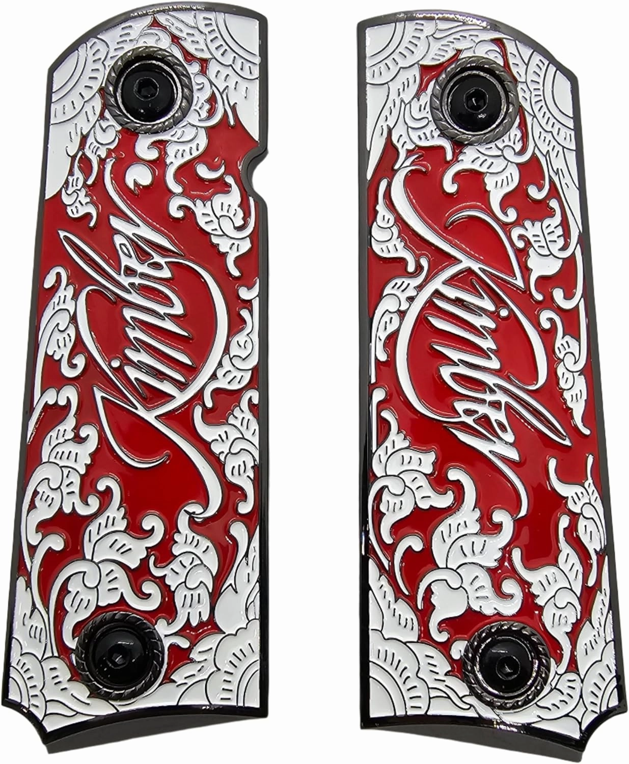 1911 Grips Full-Size (Government/Commander) for Kimber, Colt, Rock Island, Springfield,1911 Clones â€“ Black and Red Floral Design with Engraved Script, Ambi Cut, Screws Included, Metal Grips