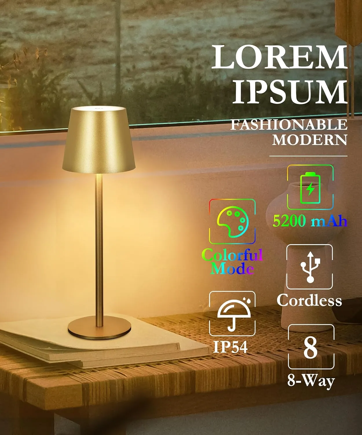 2-Pack RGB Cordless Table Lamp, 5200mAh RGB 8 Modes & Touch Control Rechargeable Battery Desk Lamp, IP54 Waterproof Outdoor Table lamp for Bedroom/Outdoor/Restaurant/Camping/Bars(Champagne)