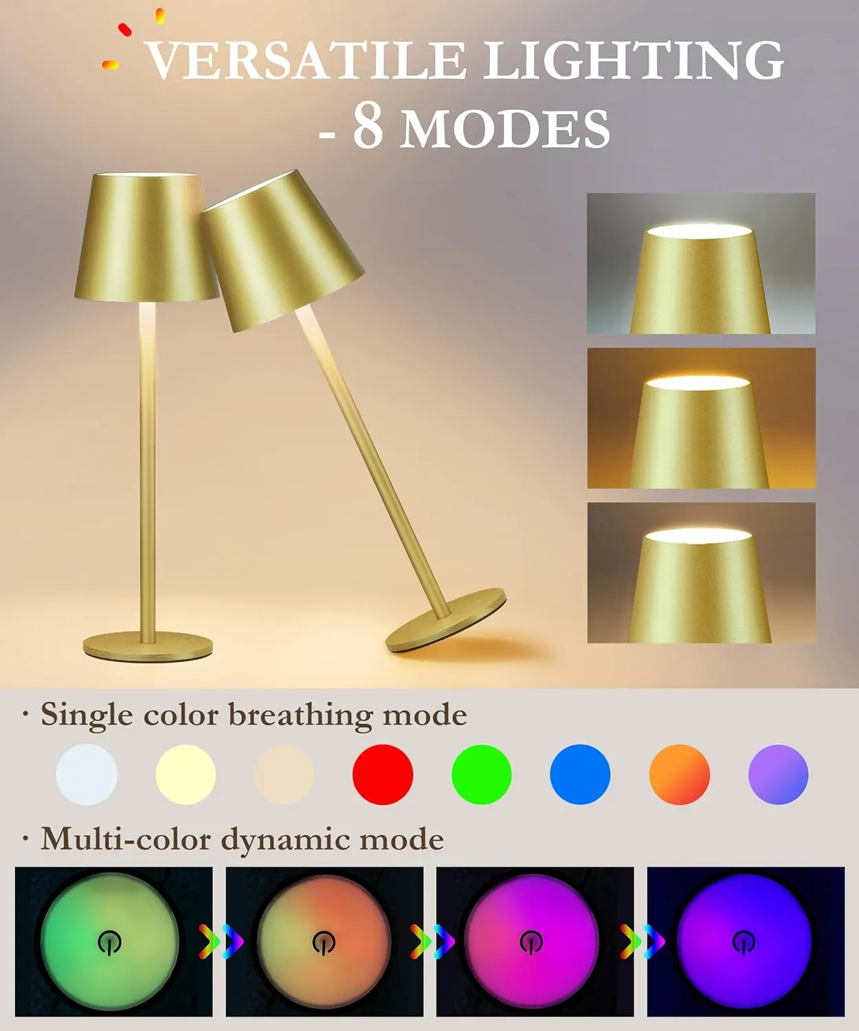 2-Pack RGB Cordless Table Lamp, 5200mAh RGB 8 Modes & Touch Control Rechargeable Battery Desk Lamp, IP54 Waterproof Outdoor Table lamp for Bedroom/Outdoor/Restaurant/Camping/Bars(Champagne)