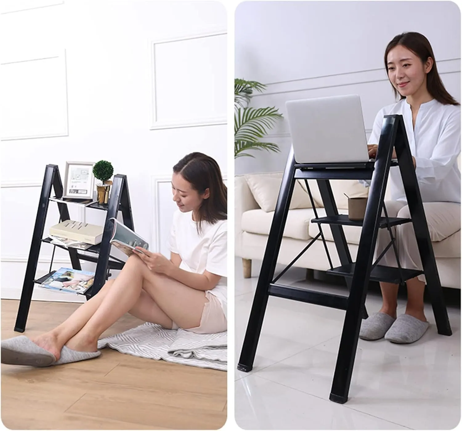 2 Step/3 Step/4 Step Folding Step Stool Free Installation Light Aluminum Alloy Ladder Chair with Anti-Slip Pedals and Foot Pads (Color : White/3-step)