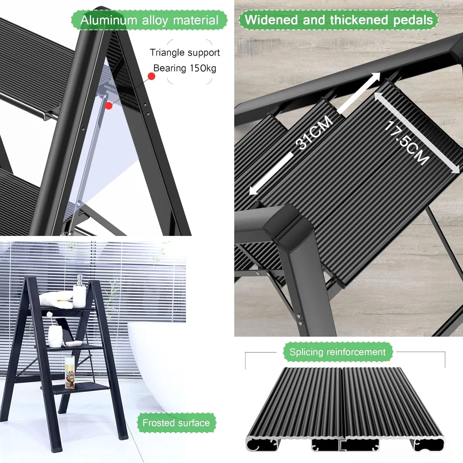 2 Step/3 Step/4 Step Folding Step Stool Free Installation Light Aluminum Alloy Ladder Chair with Anti-Slip Pedals and Foot Pads (Color : White/3-step)