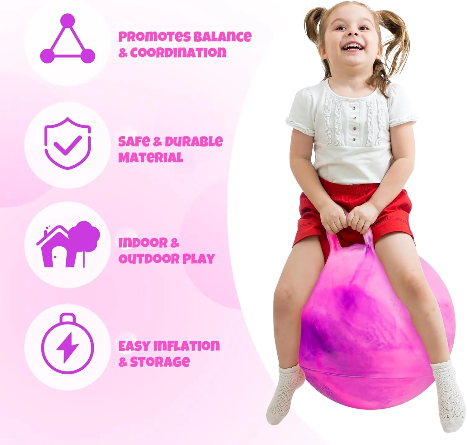 20 Inch Clouds Hopper Ball for Kids Ages 6-12, Purple Pink Bouncy with Handle, Extra-Large Inflatable Jumping Ball with Pump and Gift Box, Indoor Outdoor Balance Toy for Girls and Boys