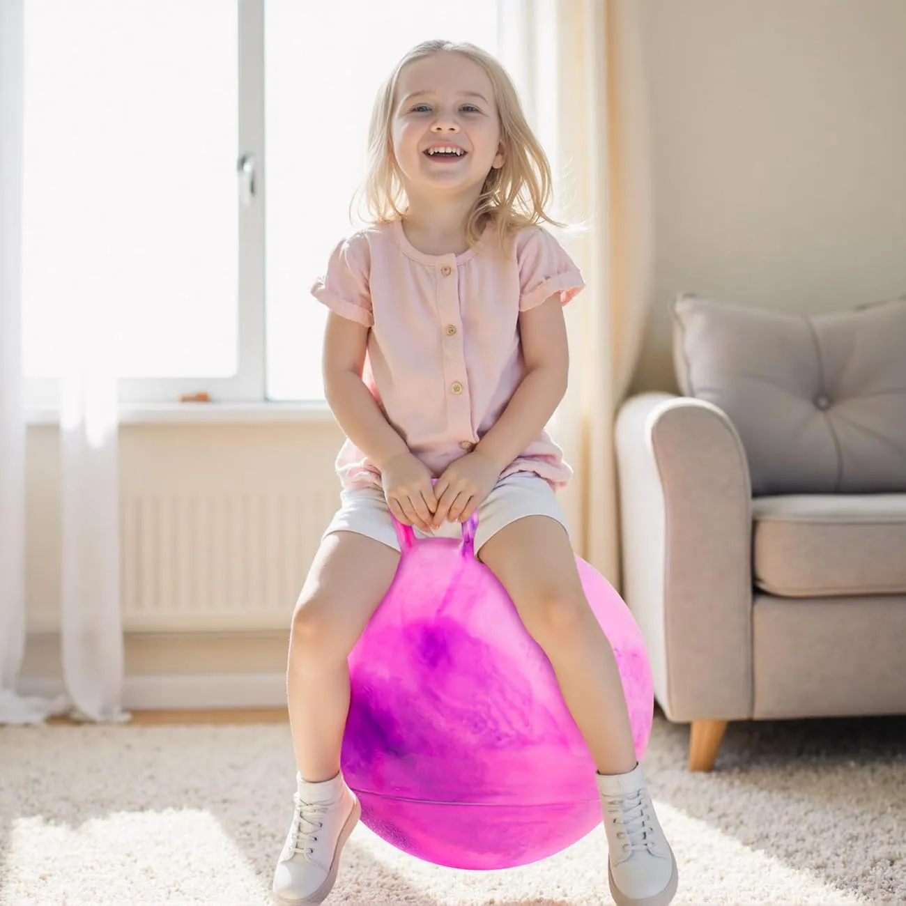 20 Inch Clouds Hopper Ball for Kids Ages 6-12, Purple Pink Bouncy with Handle, Extra-Large Inflatable Jumping Ball with Pump and Gift Box, Indoor Outdoor Balance Toy for Girls and Boys
