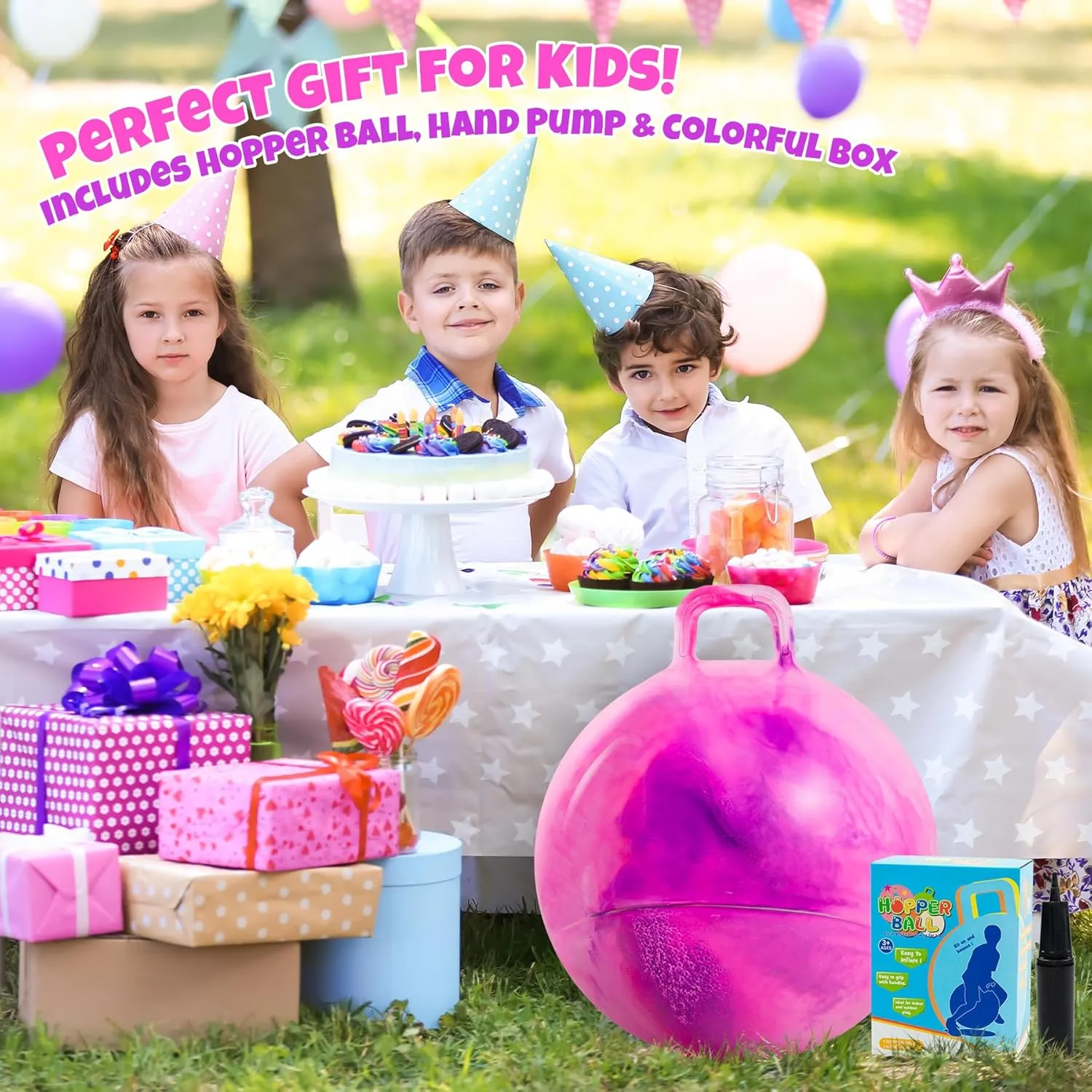 20 Inch Clouds Hopper Ball for Kids Ages 6-12, Purple Pink Bouncy with Handle, Extra-Large Inflatable Jumping Ball with Pump and Gift Box, Indoor Outdoor Balance Toy for Girls and Boys